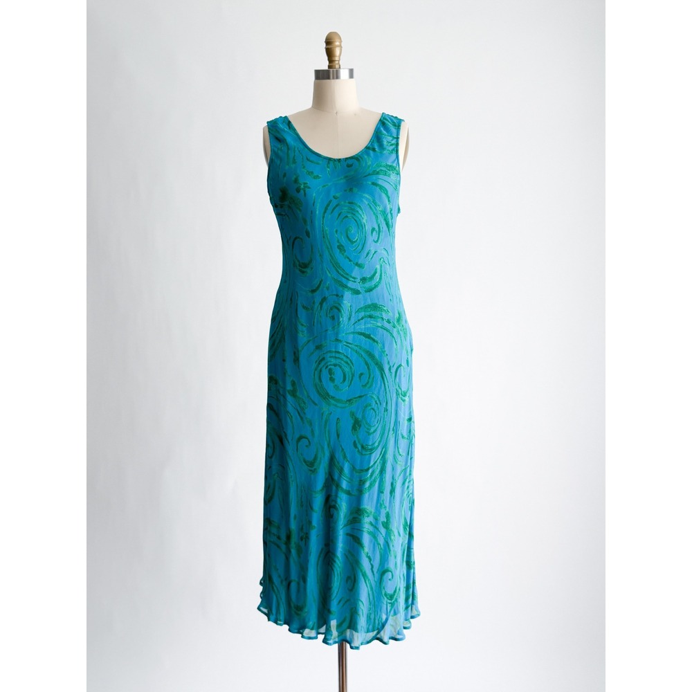 Phool Vintage Midi Dress Swirl Print Rayon Boho Sleeveless L/G Teal Green India